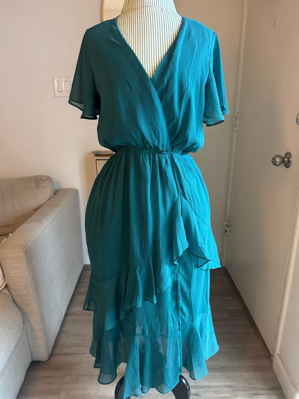 Bluebell Teal Wrap-Style Ruffle Midi Dress